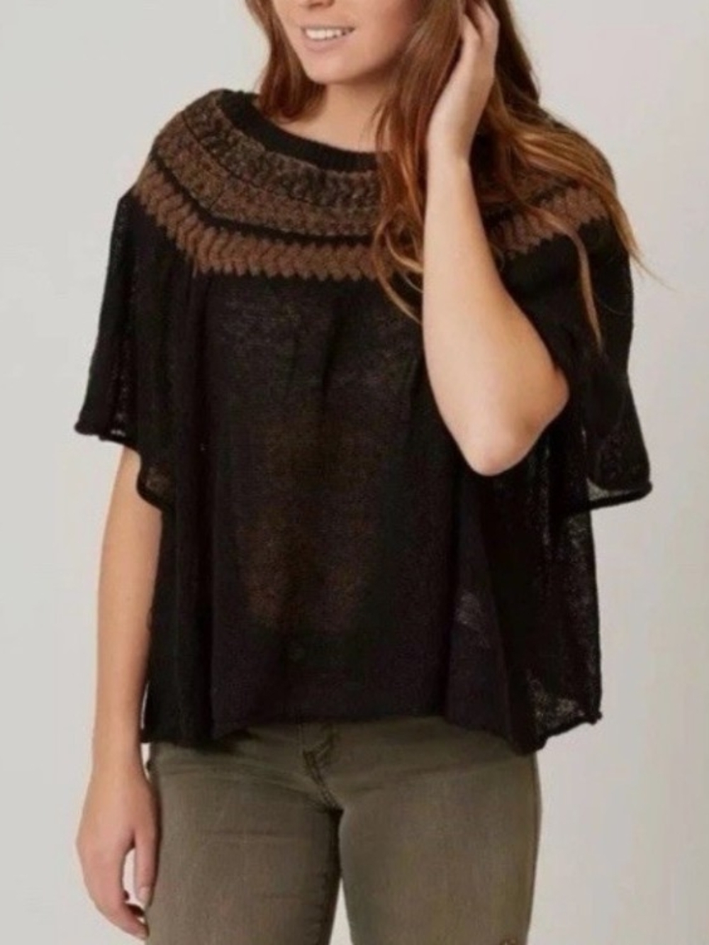 Free People Black Crochet Yoke Short-Sleeve Sweater Top